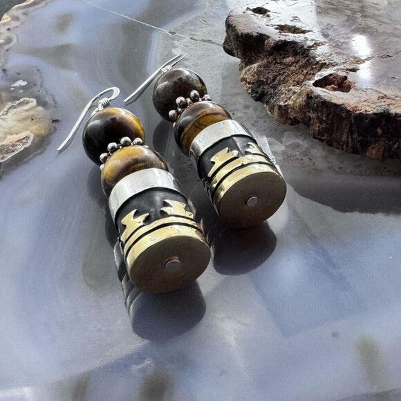 Tommy &Rosita Singer Sterling Silver Tigers Eye Bead Dangle Earrings For Women - Picture 3 of 10